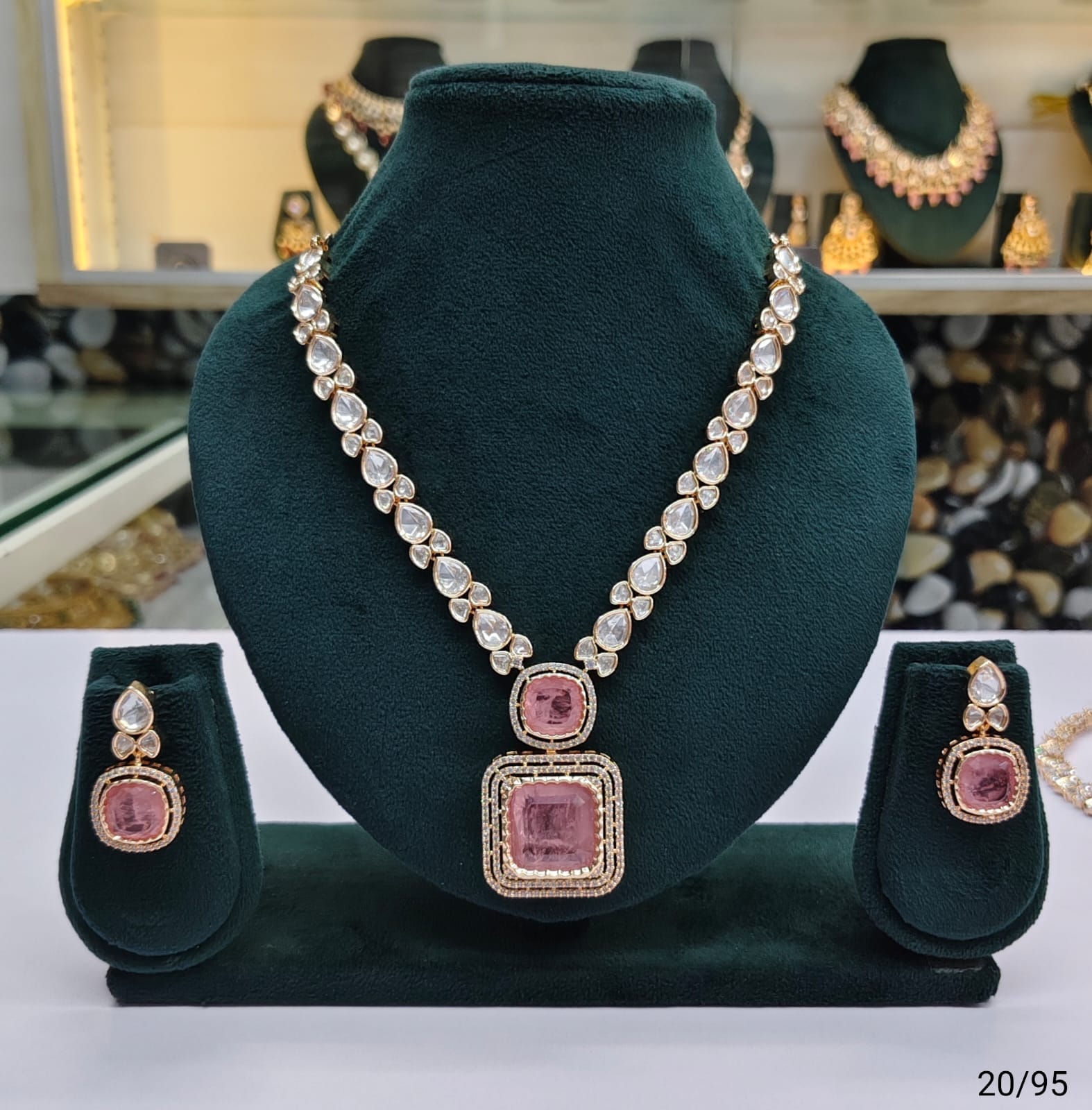 Classic Kundan Necklace Set with Dual Stone Pendant and Drop Earrings